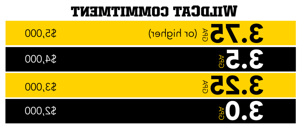 WildCat Commitment to International Students - 3.75 G P A or higher receives $5,000, 3.5 G P A receives $4,000, 3.25 G P A receives $3,000, and 3.0 G P A receives $2,000