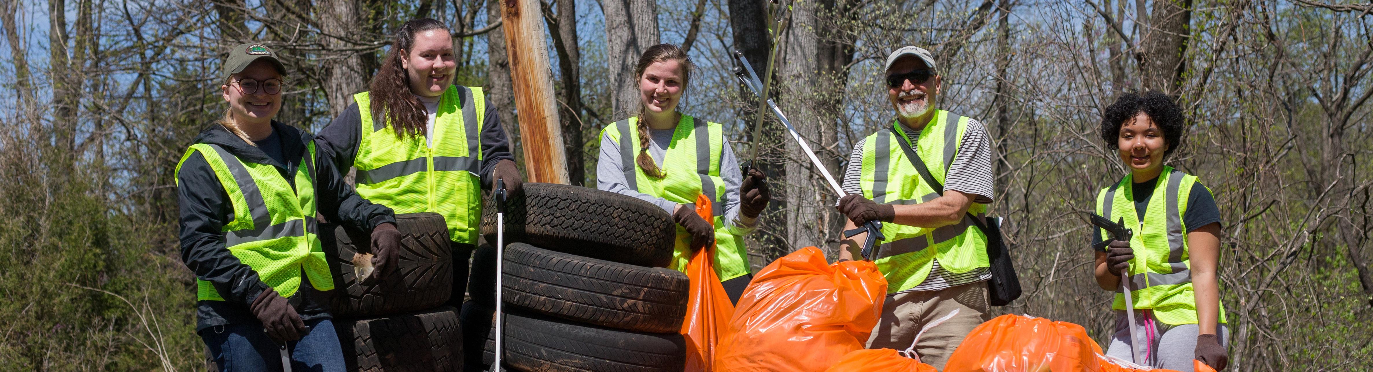 Students out in the community picking up trash.